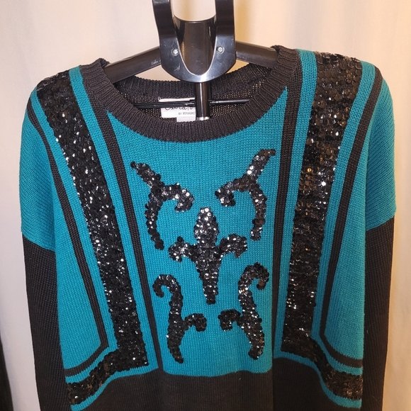 Vintage Teal and Black Sequin Sweater - Picture 4 of 9